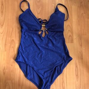 TRINA TURK JOPLIN JACQUARD Petal Plunge Cutout One Piece NAVY BLUE FLORAL Sz14